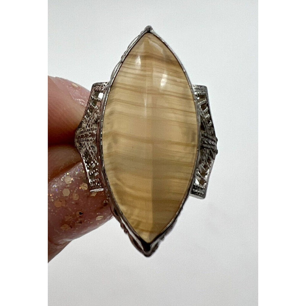 Vintage 925 Sterling Silver & Gold Filled Filigree and Jasper Art Deco Ring